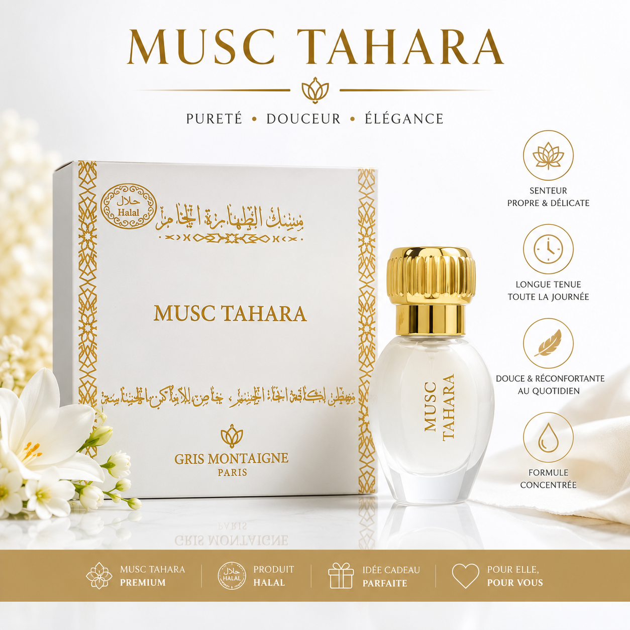 Musc Tahara – Parfum Halal | Musc Blanc, Vanille & Jasmin | Gris Montaigne Paris