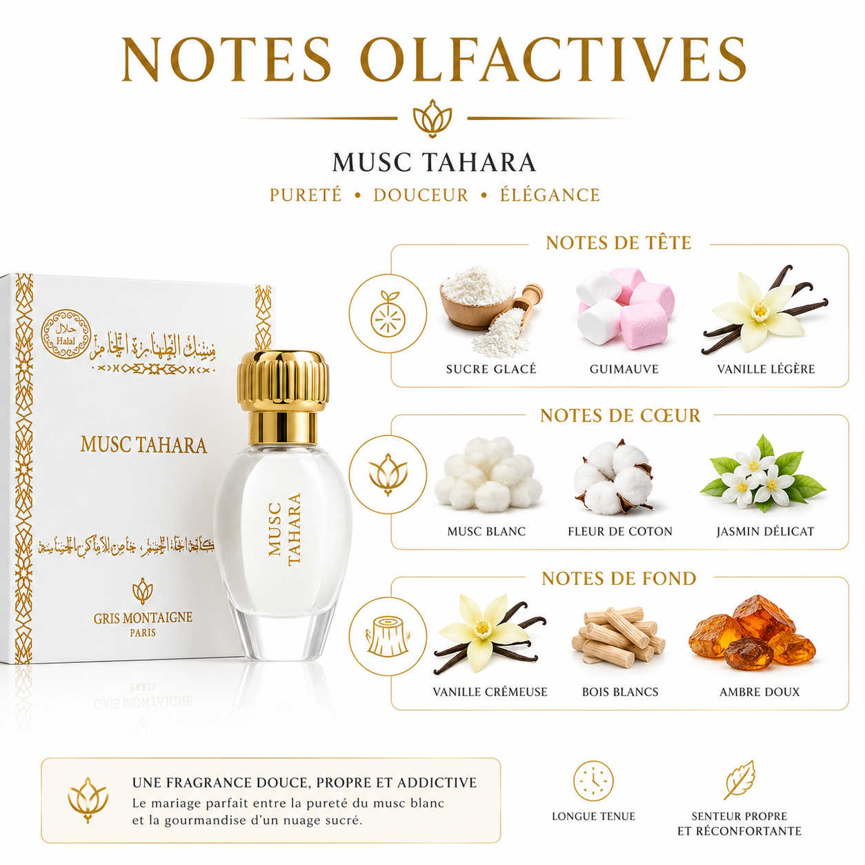 Musc Tahara – Parfum Halal | Musc Blanc, Vanille & Jasmin | Gris Montaigne Paris